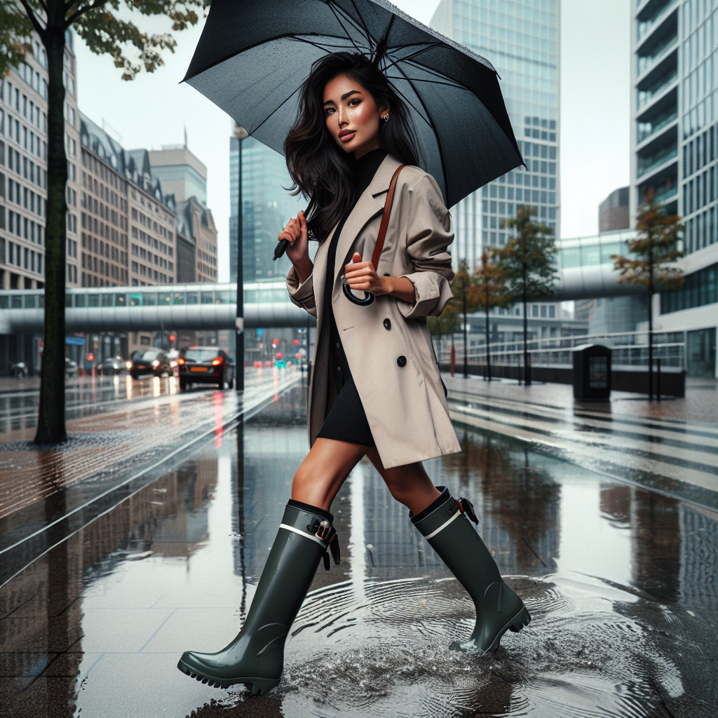 A fashionable woman wearing stylish waterproof boots on a rainy day, walking confidently through puddles in the city.