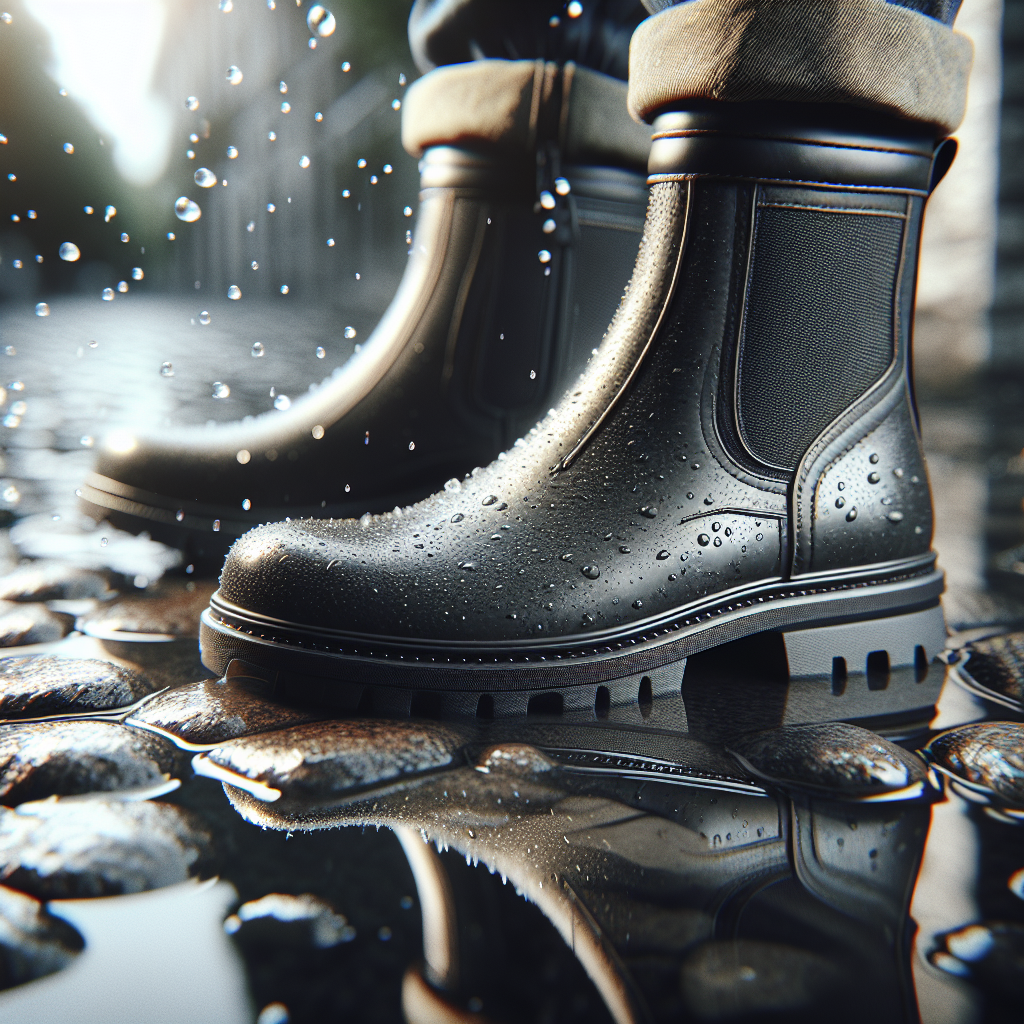 Nærbilde av et par moderne regnstøvler på en våt brosteinbakgrunn, med små vanndråper og refleksjoner, naturlig lys, nøytrale farger, stilfullt og praktisk uttrykk
