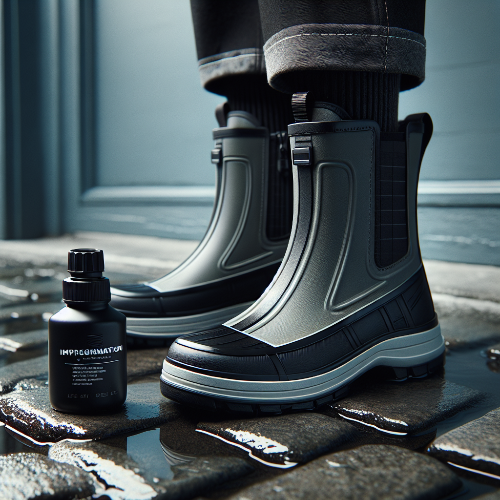 Nærbilde av et par moderne regnstøvler på våt brostein med innersåle, refleksbånd og impregneringsflaske ved siden av, naturlig lys, stilrent nordisk uttrykk