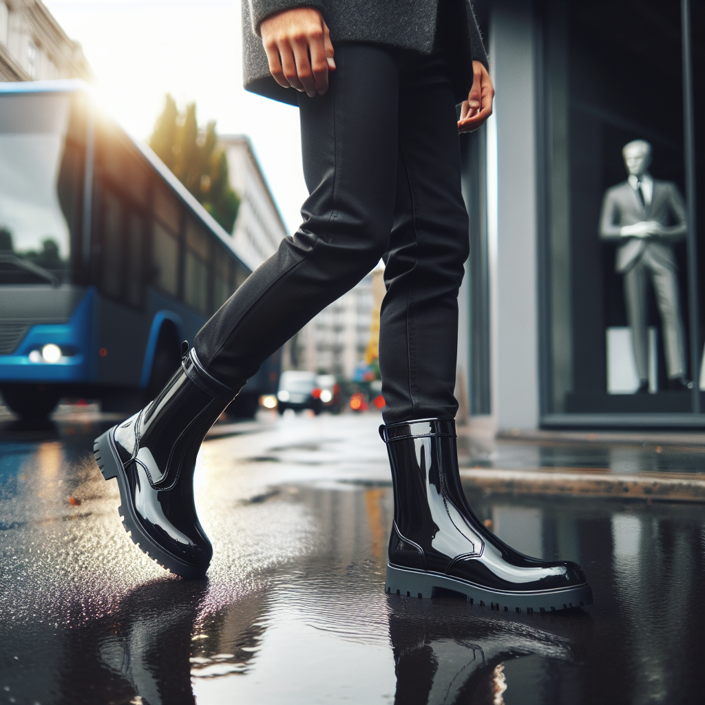 Mann i stilrene regnstøvler på en våt bygate med refleksdetaljer og moderne antrekk, høy oppløsning, naturlig lys, urbant miljø